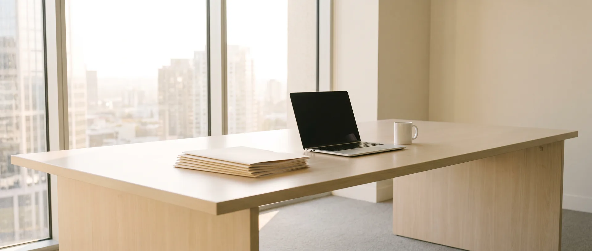 A bright modern office desk with unmarked case folders