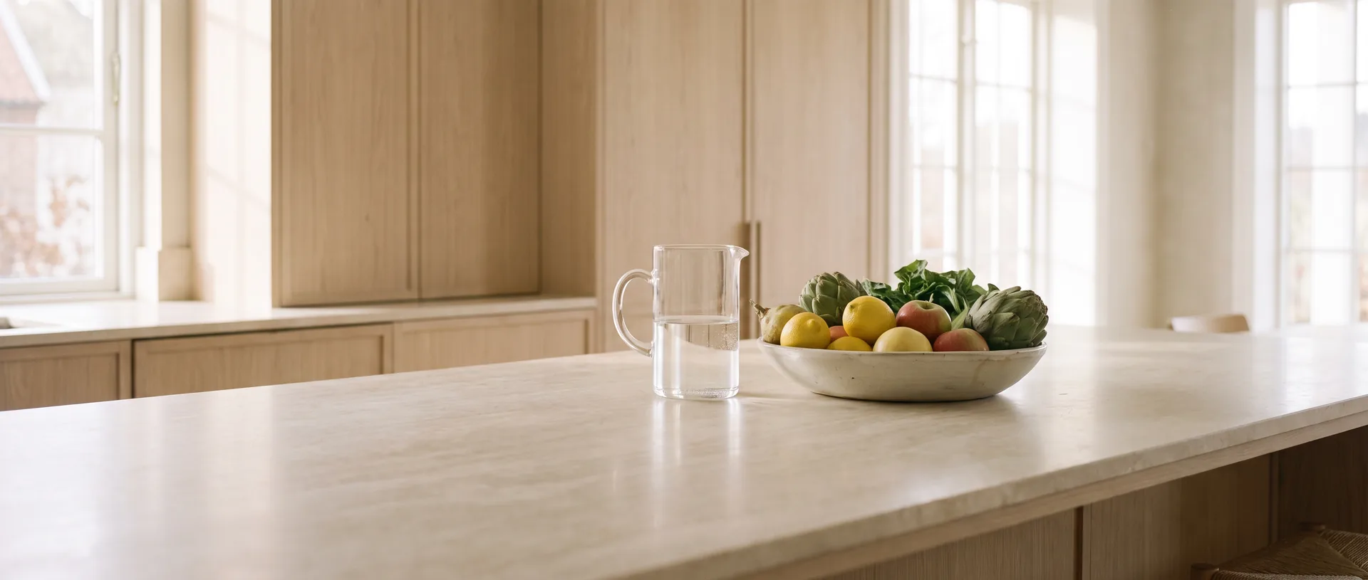 A bright kitchen counter with fresh produce and a jug of water