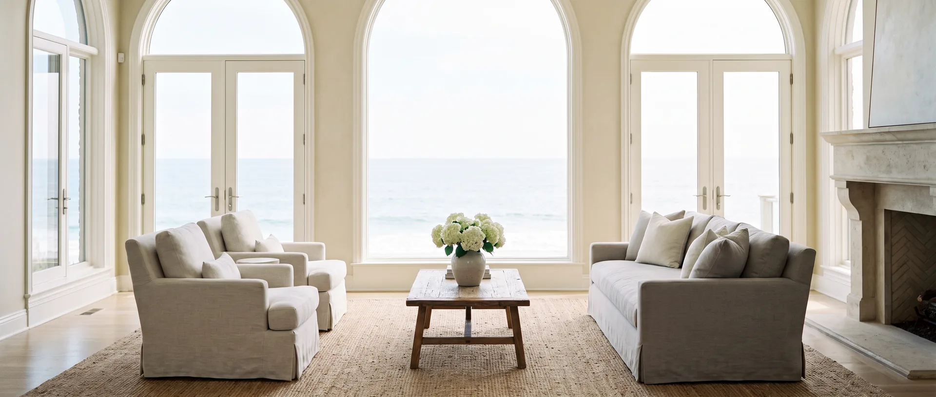 A bright ocean-facing living room, chairs arranged to face one another