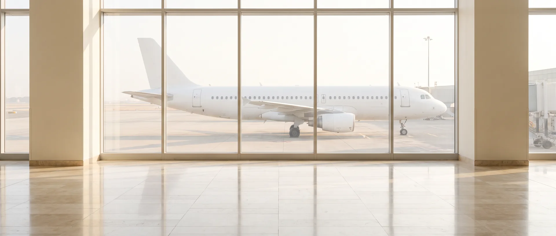 A quiet airport terminal window looking out to an unmarked aircraft