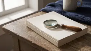 A magnifying glass resting on a stack of plain unlabelled printed pages