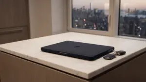 A closed laptop and a set of car keys on a marble kitchen island at night