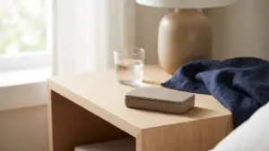 A pharmacy pill organiser and a glass of water on a clean bedside table