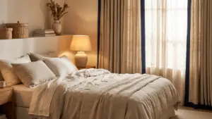 A calm bedroom with soft bedding and a bedside lamp lit