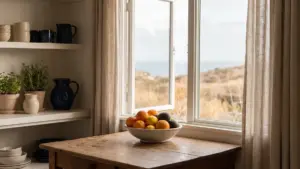 A tidy family kitchen mid-morning with a fruit bowl and open window