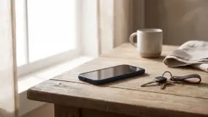 A phone face-down on a table beside car keys