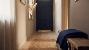 A closed bedroom door at the end of a warm hallway with light beneath it