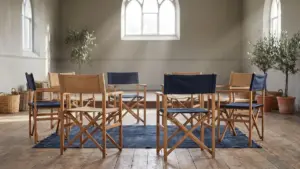 A circle of simple folding chairs in a plain community hall