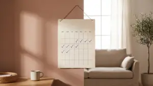 A wall calendar with a run of small hand-drawn check marks