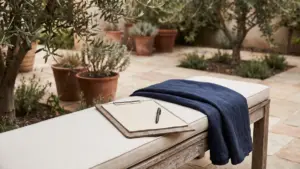A clipboard and pen on a bench in a sunlit courtyard garden