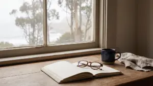 An open notebook and reading glasses on a desk beside a window