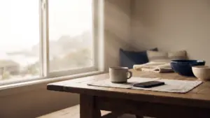 An empty kitchen table at dawn with a single coffee cup and a phone face-down beside it