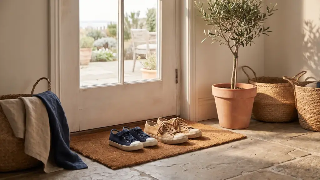 Two pairs of children's shoes by a back door in soft afternoon light