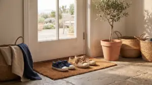 Two pairs of children's shoes by a back door in soft afternoon light