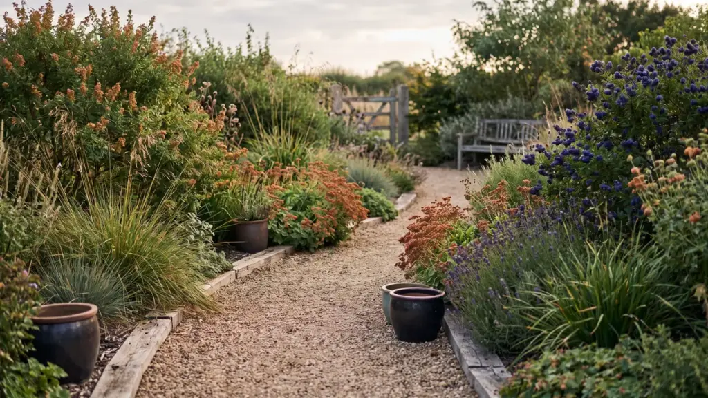 A well-tended garden path with established planting either side