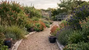 A well-tended garden path with established planting either side