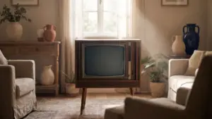 An old television set switched off in a dim room