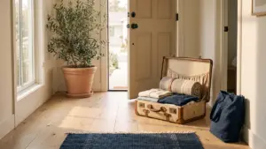A packed suitcase standing by an open front door