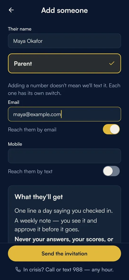 Adding someone to the circle: their name, the relationship, and a separate switch for each way of contacting them