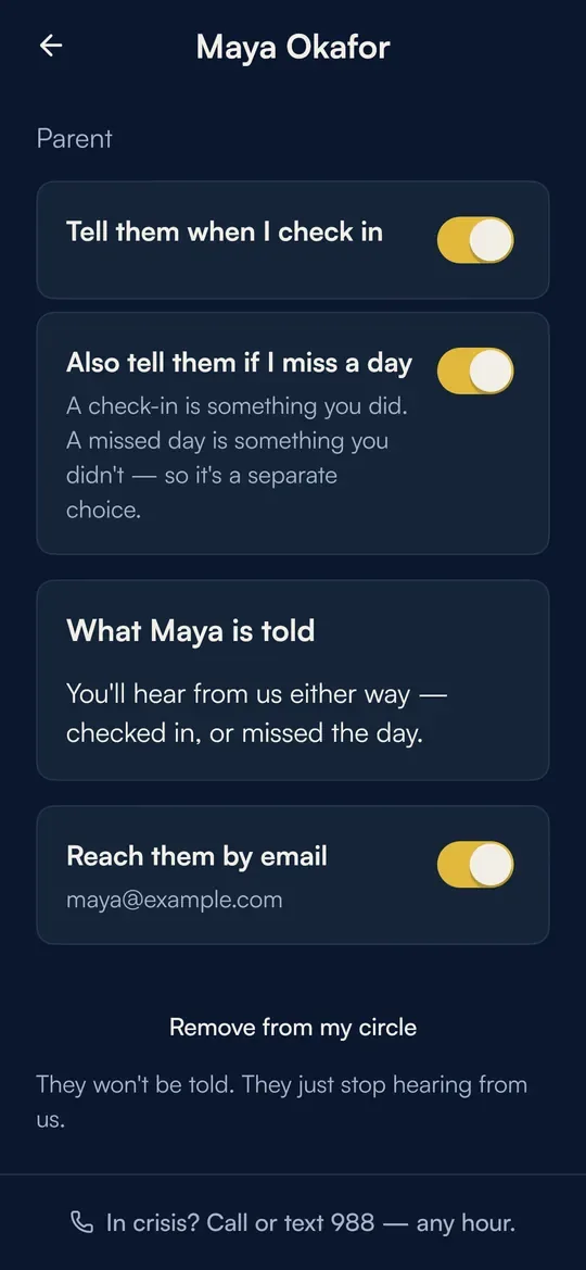 Two switches for one supporter: tell them when I check in, and also tell them if I miss a day