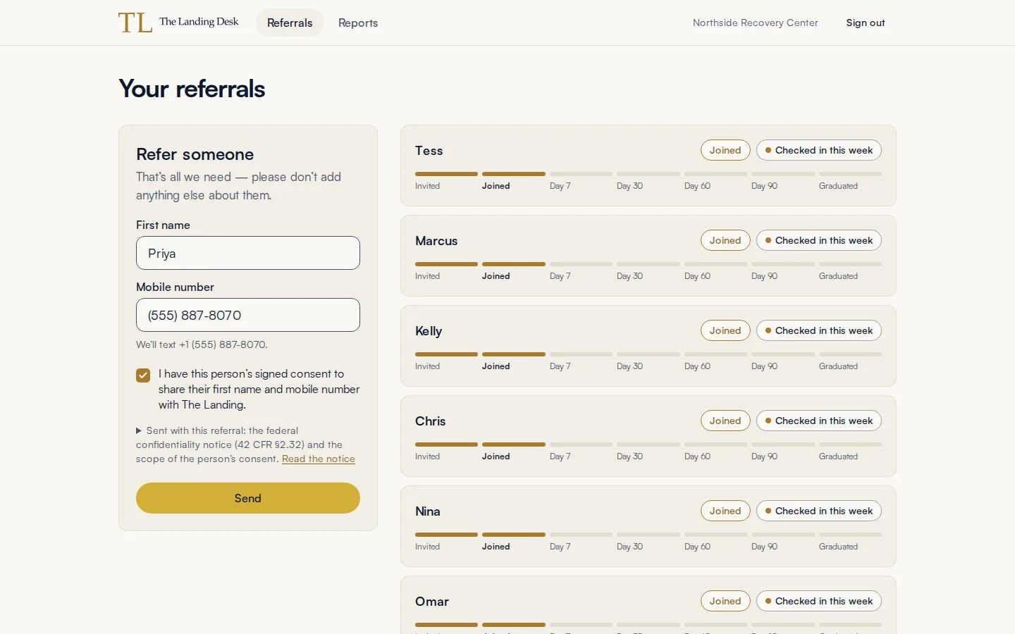 The refer-someone form filled in: a first name, a mobile number and a checked consent box above the Send button