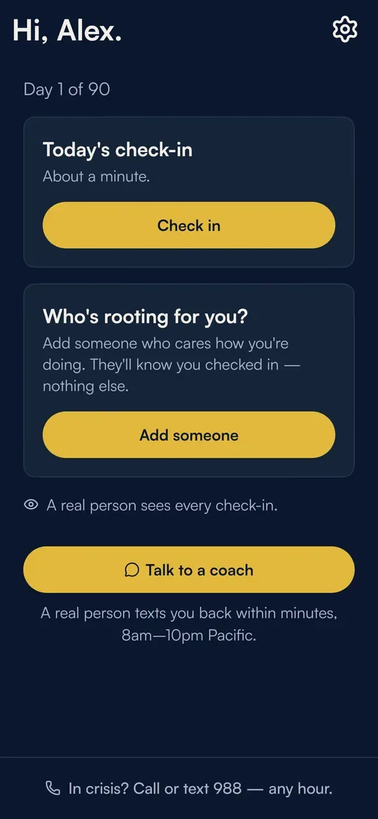 The Landing home screen: Day 1 of 90, today's check-in, and the people rooting for you