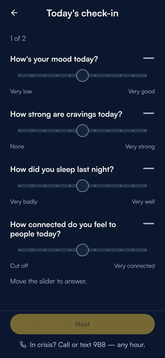 The daily check-in: four sliders for mood, craving, sleep and connection