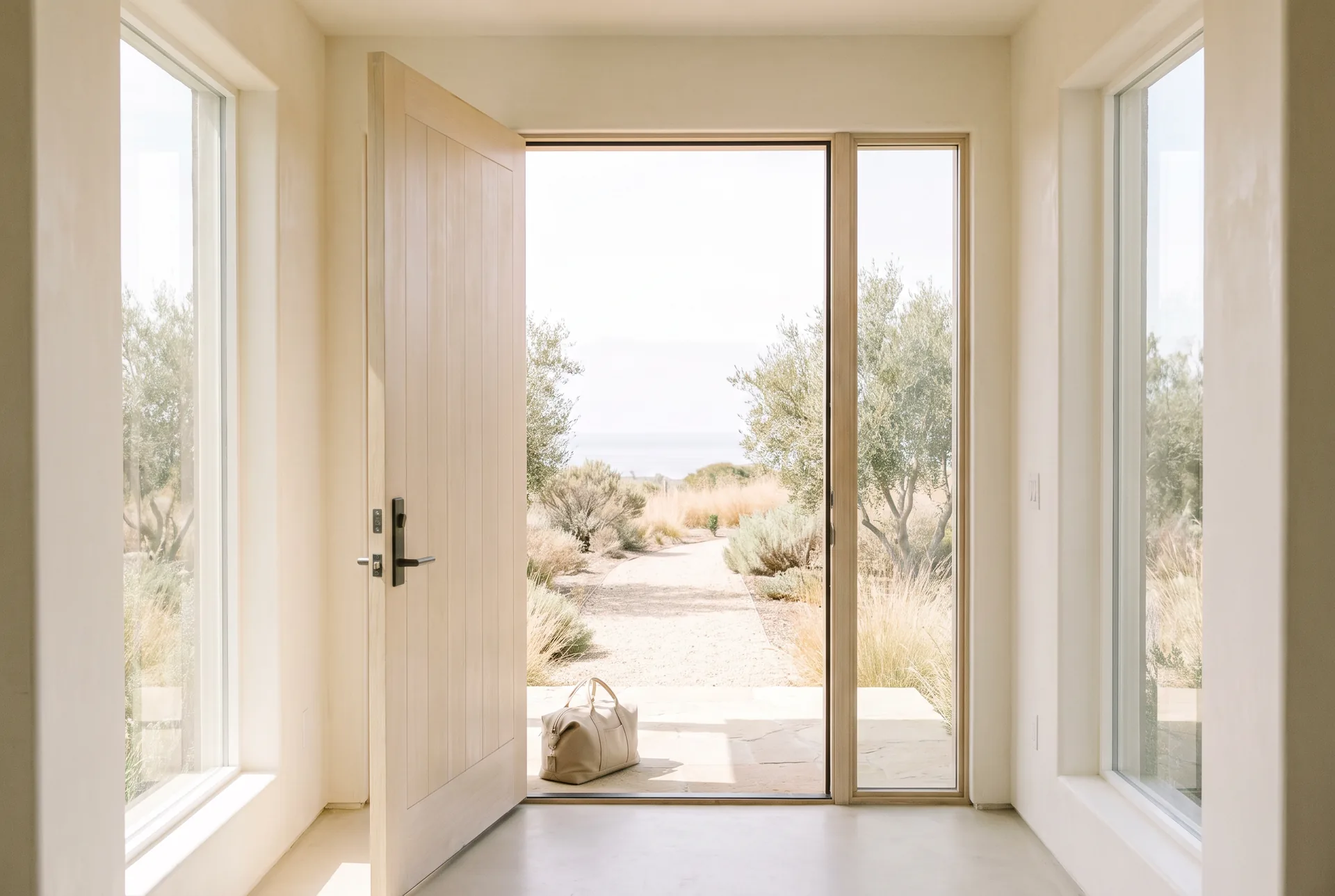 An open front door with a small weekend bag on the step and a gravel path leading through olive trees toward the ocean