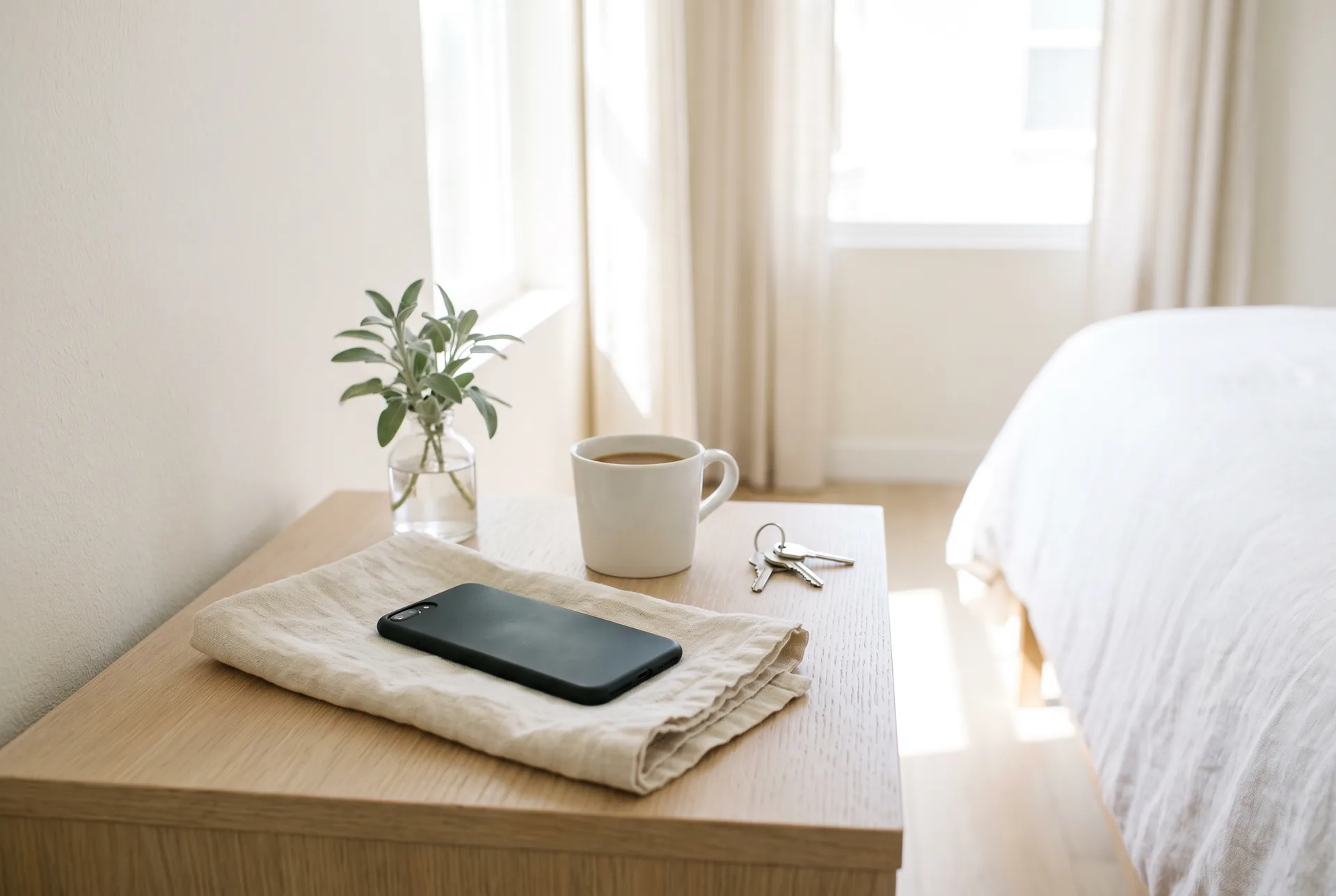 A phone lying face down on a linen cloth beside a mug of coffee, a set of keys and a sprig of sage on a bedside table