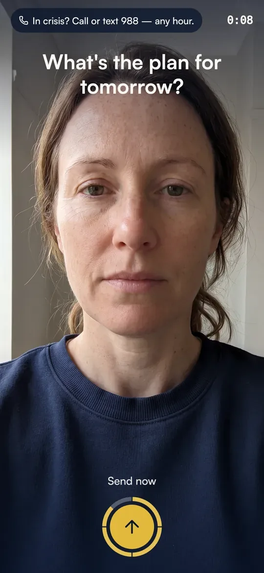 The sixty-second video step, with a countdown ring and a soft prompt
