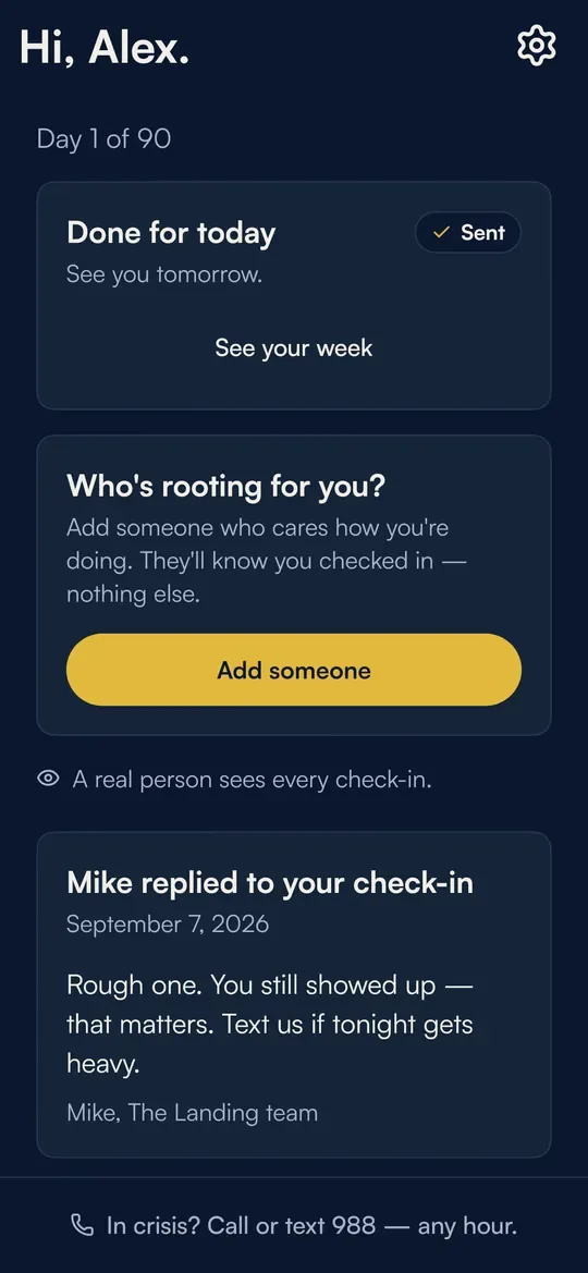 A coach's reply waiting on the home screen, with the coach's first name and the date